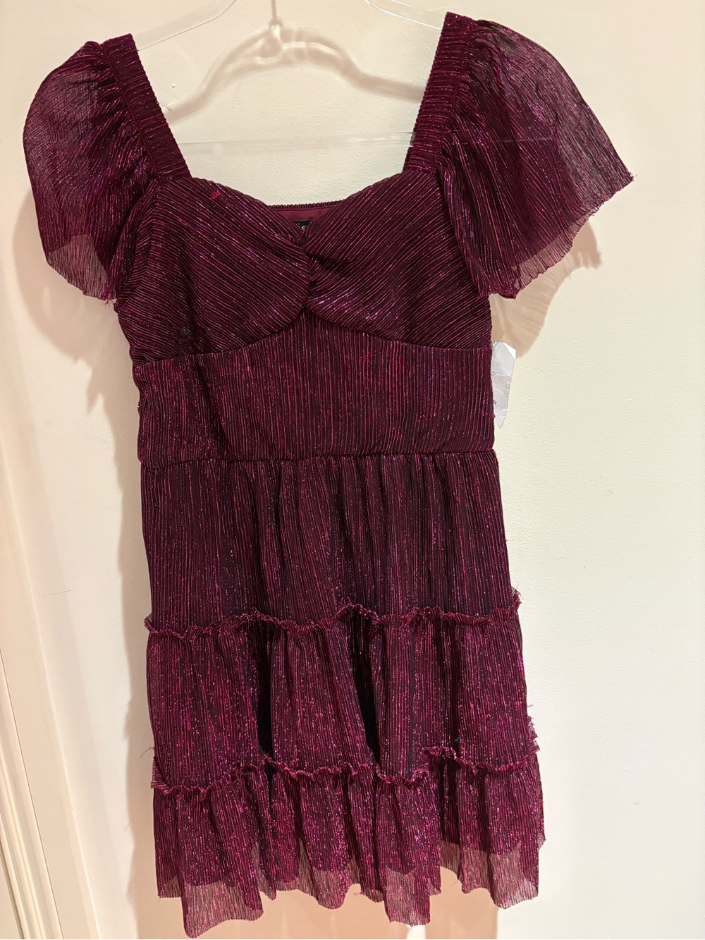 Pleated Sparkle Short Dress in Deep Wine